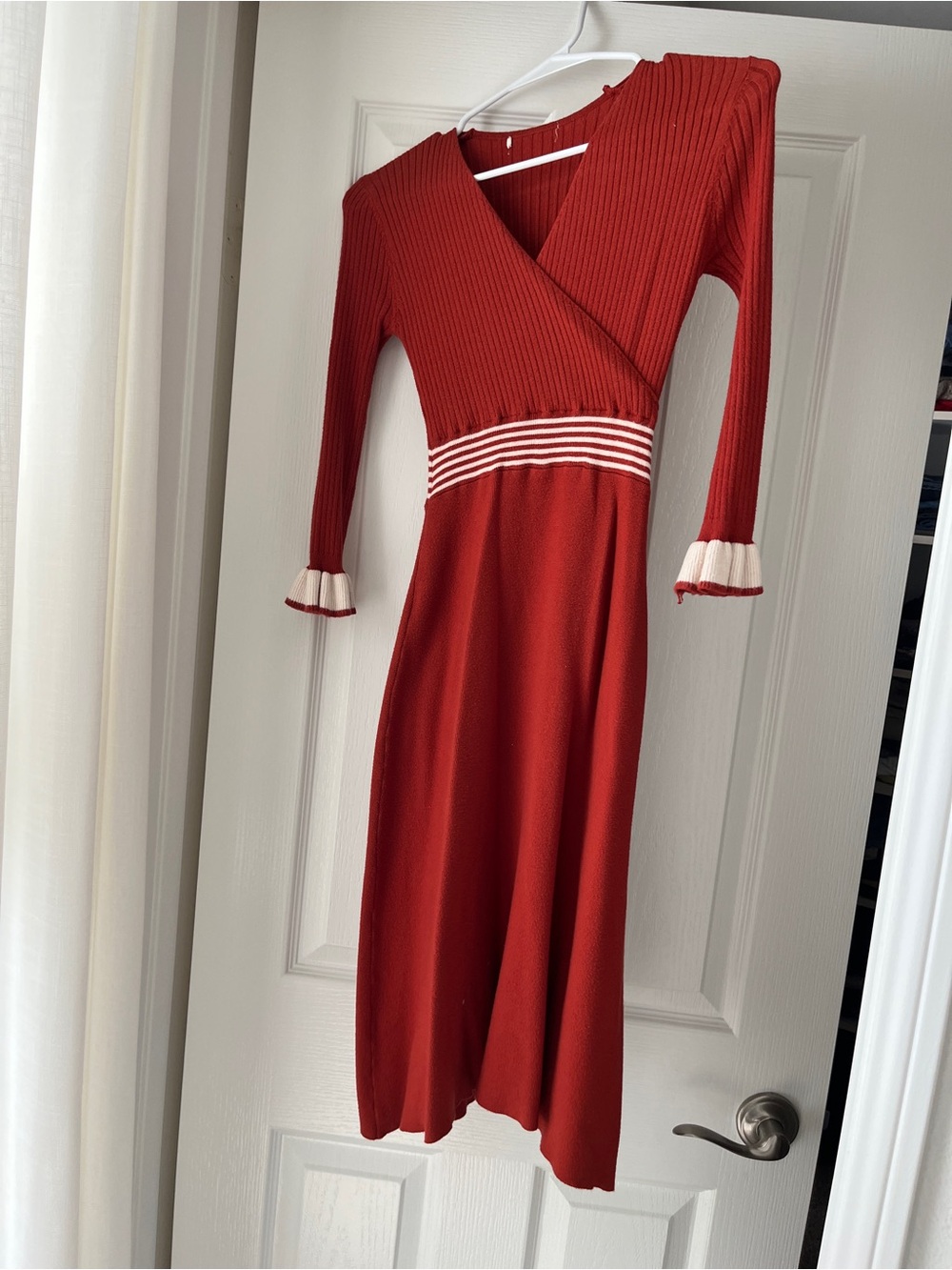 Deep Orange Rib-Knit Wrap Midi Dress with Contrast Trim